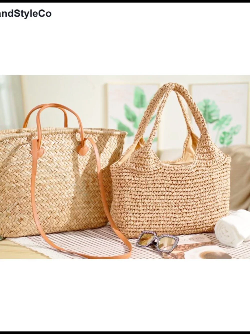 Oversized Straw Basket Tote Bag with Leather Handles & Drawstring